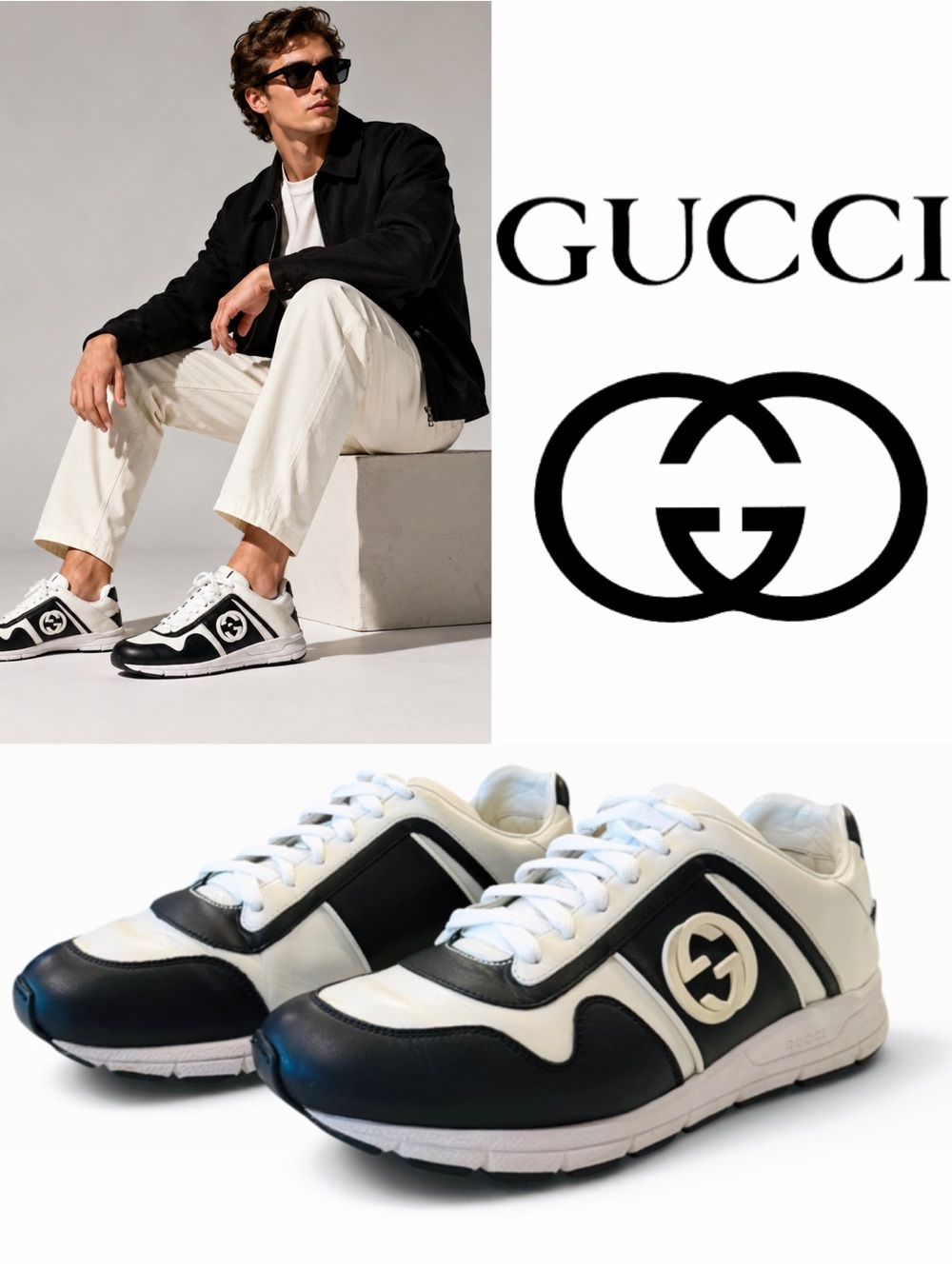 Gucci Men’s Black & White Leather interlocking Logo Runner Sneakers